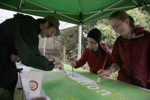 Brian, Ian and Emily prepare batik banners at a wet afternoon work party. 2008workpartybanner